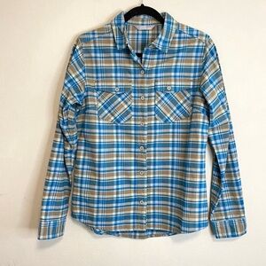 Stio Womens Medium NEW Lightweight Organic Cotton Flannel Shirt Blue Plaid NWT